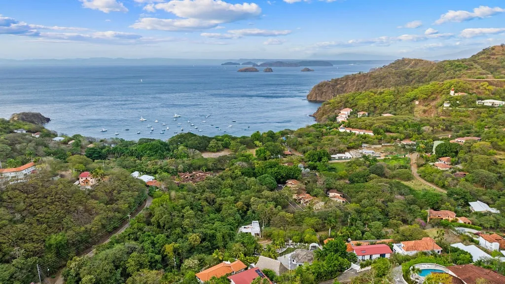 Aerial of Playas del Coco bay and the Ocotal coastline